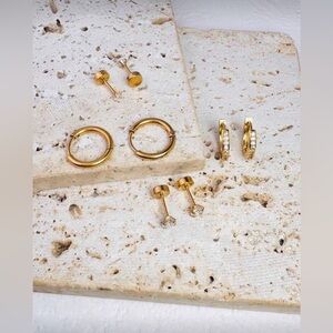 NIP Zirconia Earring Set, 14K Gold Plated Delicate Flat Stud + Huggie Earrings